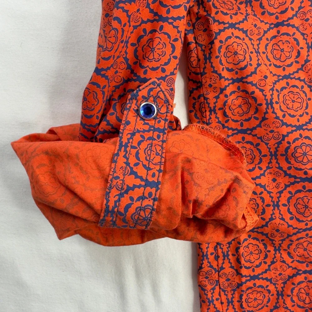 Wrangler Rock 47 Shirt Women's Large Orange Blue Pearl Snap Button Down